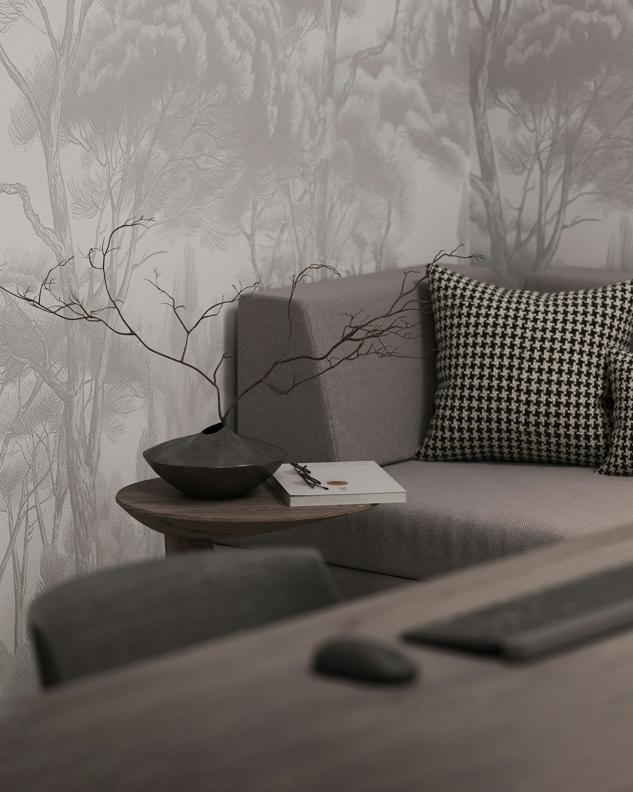 A living room couch and table, soft natural light, the calm interior where a real drip nurture is read.