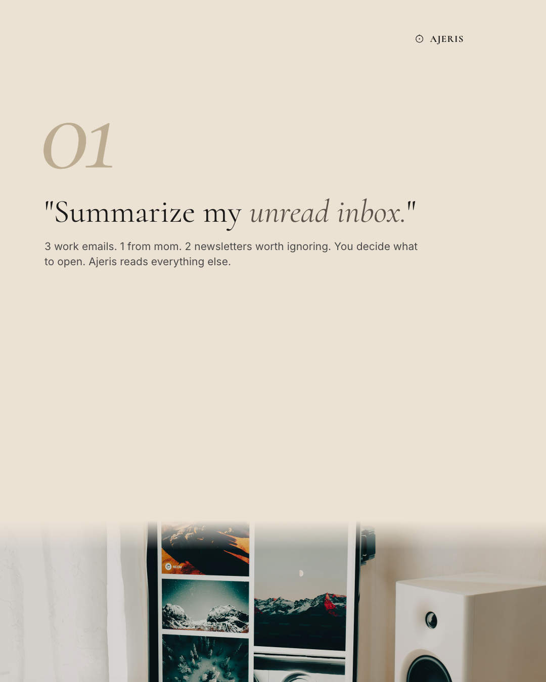 A 4:5 carousel slide enumerating five things to ask Ajeris on day one, with warm lifestyle imagery.