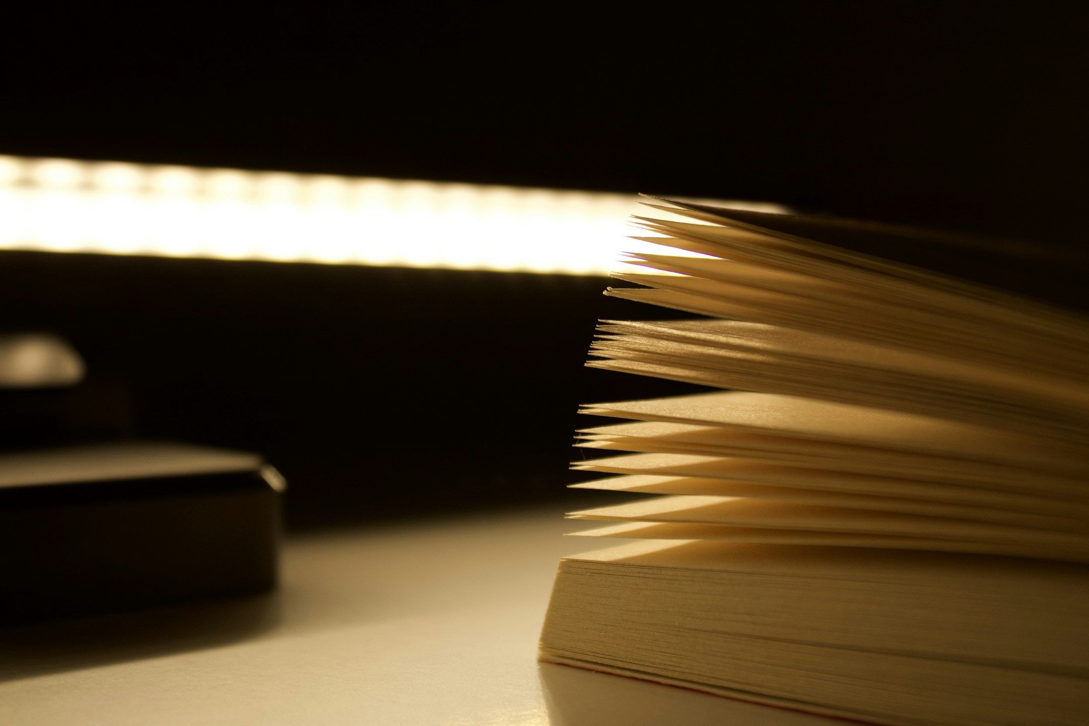 An open book under a soft glowing lamp, the visual of long-term knowledge sitting available.