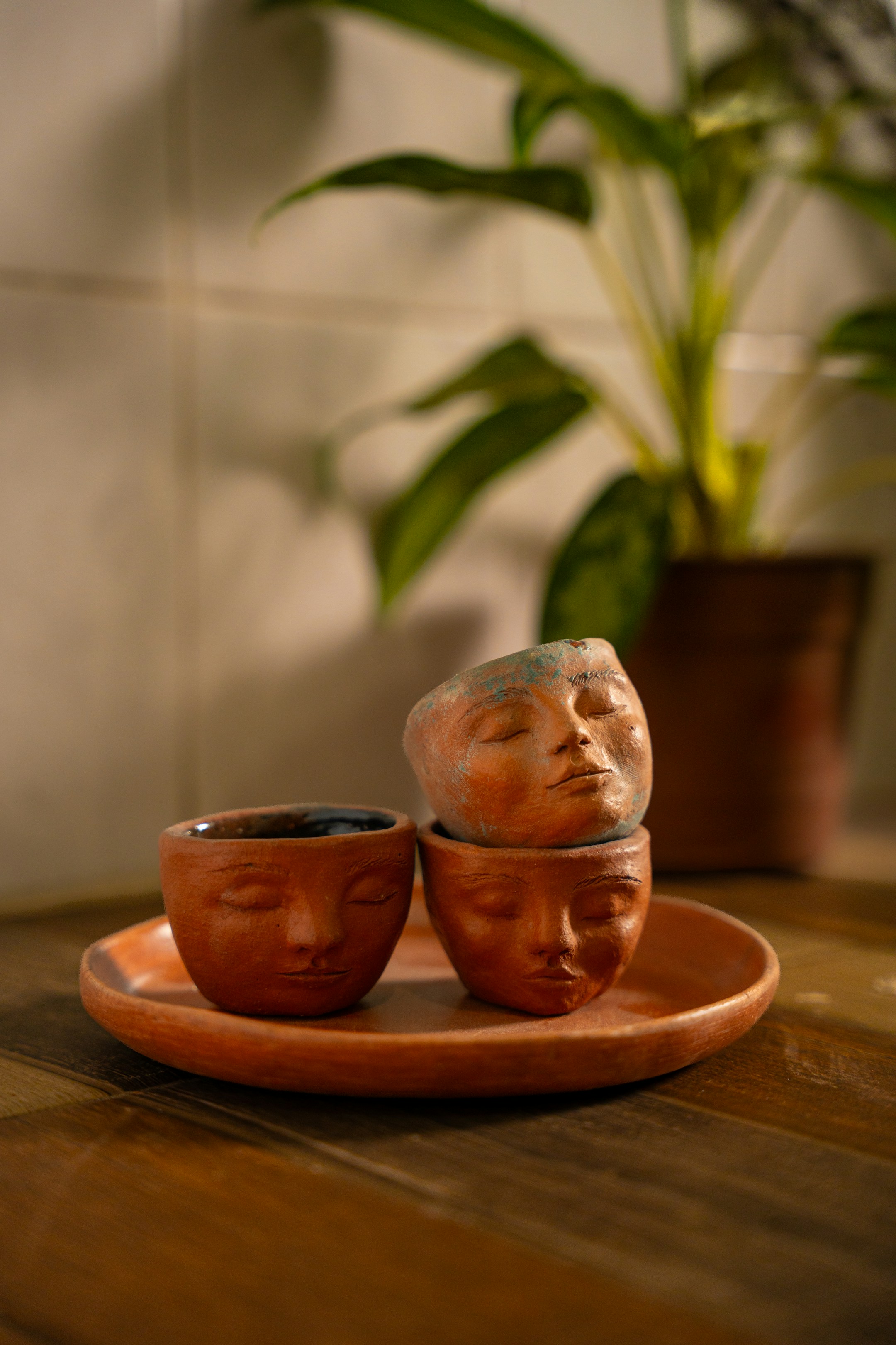 Three terracotta sculpture heads on a ledge, the visual of a curated collection of distinct objects that share a shape.