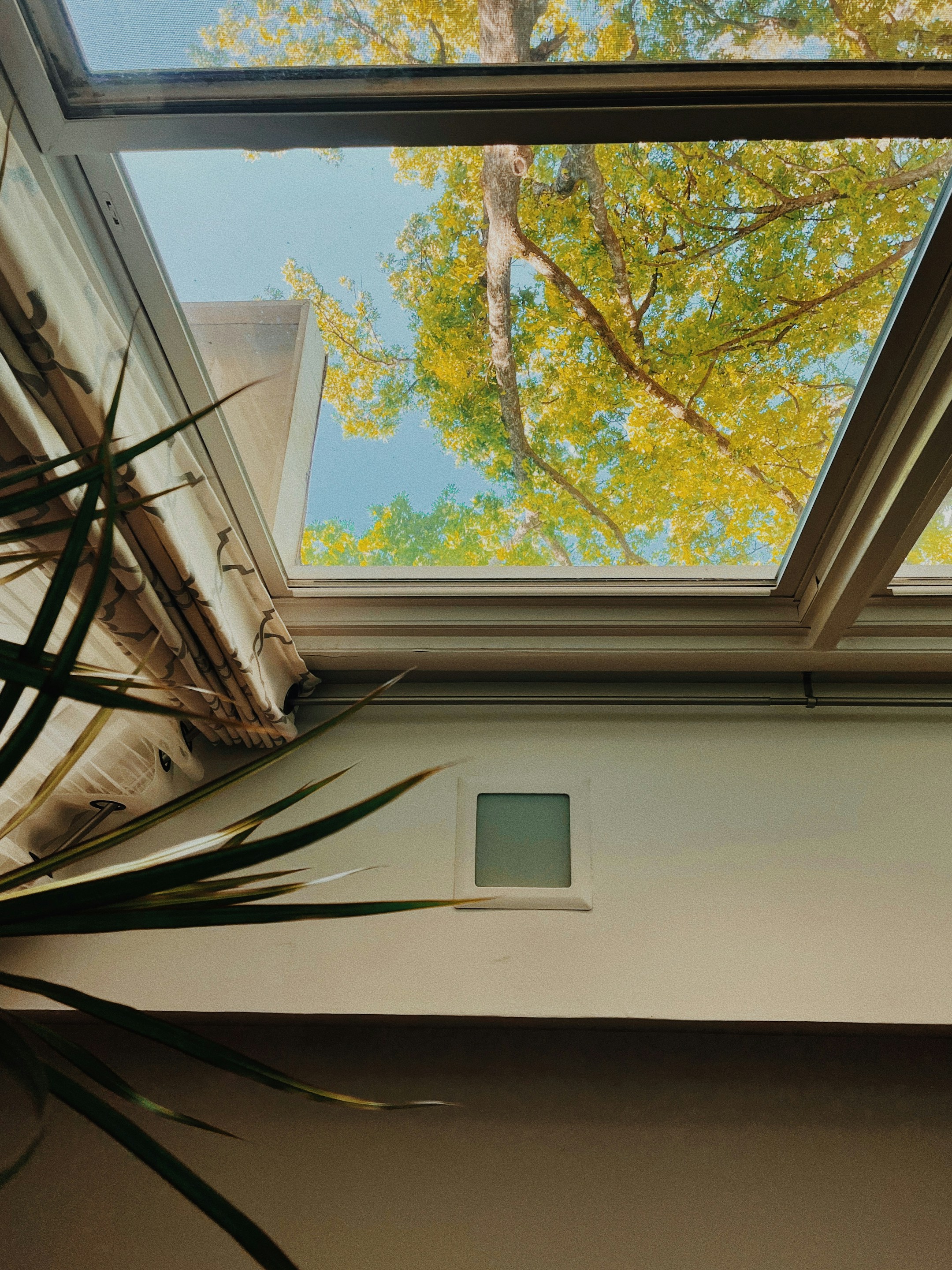 A skylight in a bright home interior, the visual of a connected home that is calm and quiet.
