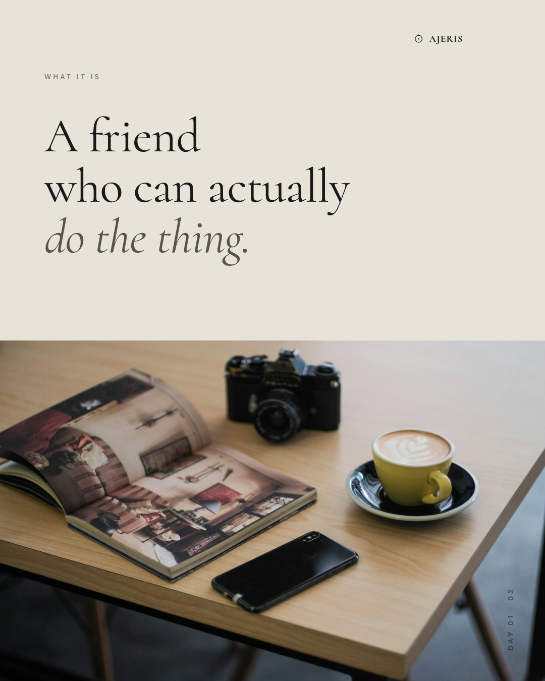 A second carousel slide reading 'A friend who can actually do the thing.' against a warm cafe background.