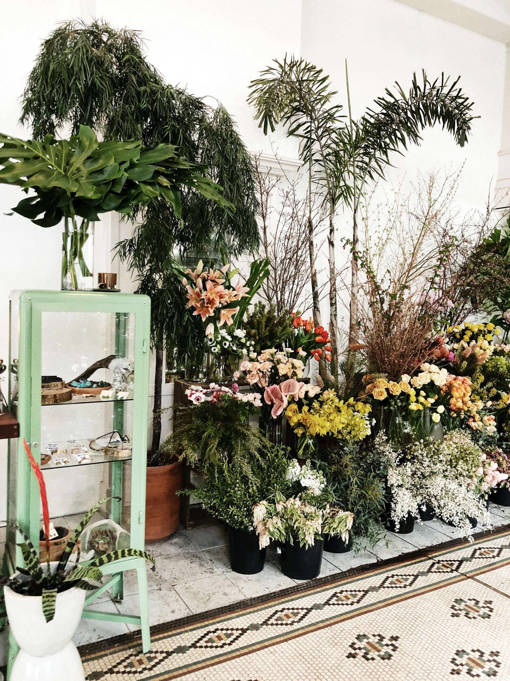 A vibrant flower shop wall, fresh stems in green wooden shelving, the kind of small business that lives on WhatsApp inquiries.