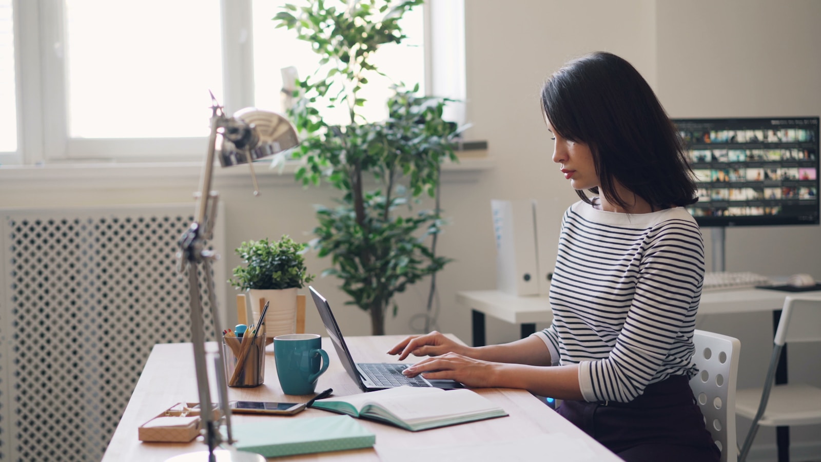 A creator in a striped shirt working at a laptop in a sunlit home office with a plant.